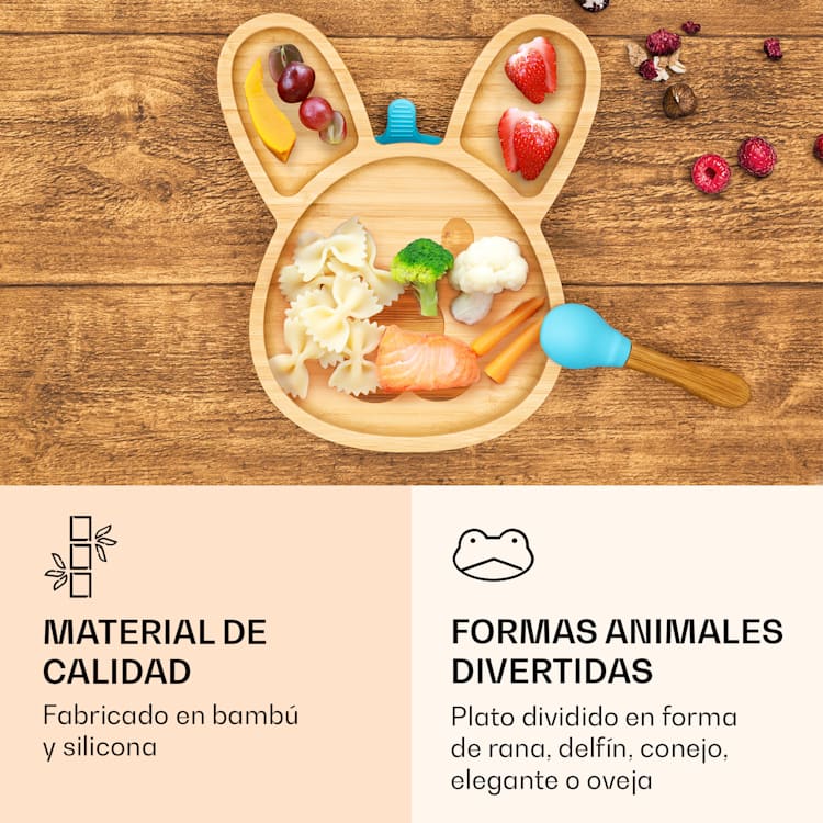 Vajilla infantil con plato de bambú y cuchara 250 ml incl. ventosa 18 x 18 cm liebre | Azul