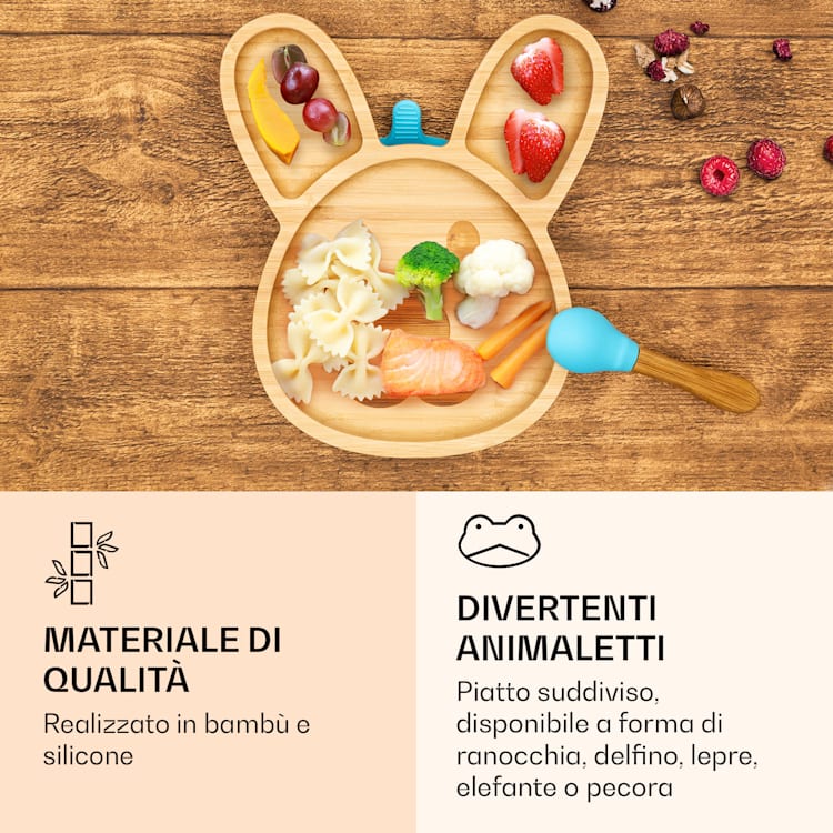 Stoviglie per bambini piatto di bambù e cucchiaio da 250 ml incl. ventosa 18 x 18 cm lepre | Blu