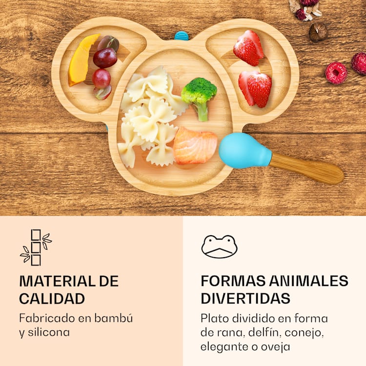 Vajilla infantil con plato de bambú y cuchara 250 ml incl. ventosa 18 x 18 cm oveja | Azul