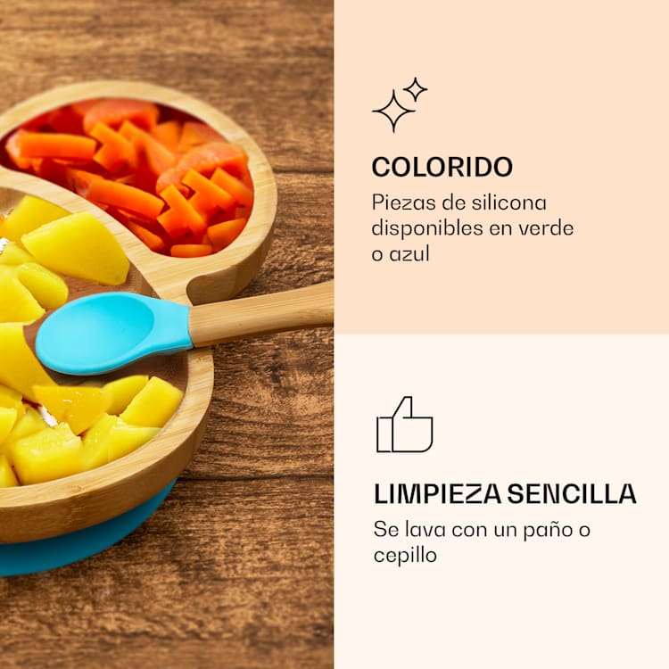 Vajilla infantil con plato de bambú y cuchara 250 ml incl. ventosa 18 x 18 cm oveja | Azul