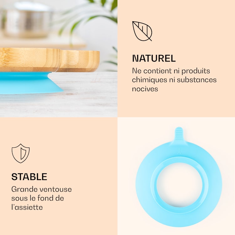 Vaisselle pour enfants assiette en bambou, cuillère 250 ml et ventouse 18 x 18 cm le mouton | Bleu