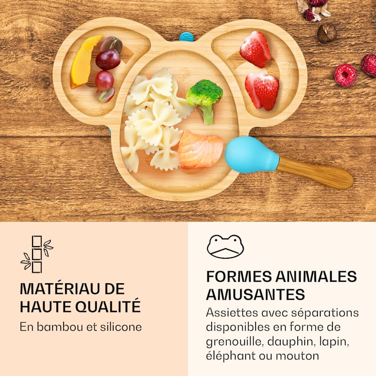 Vaisselle pour enfants assiette en bambou, cuillère 250 ml et ventouse 18 x 18 cm le mouton | Bleu