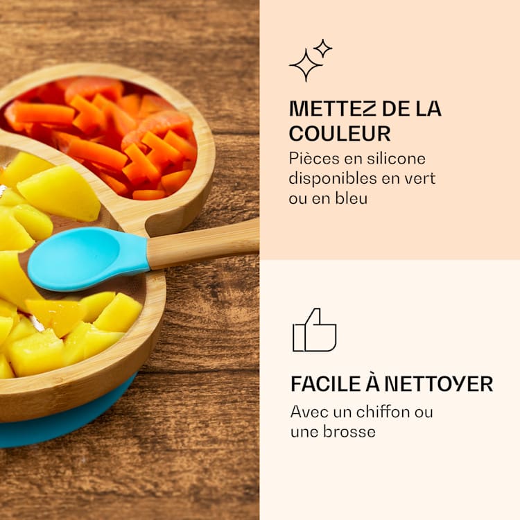 Vaisselle pour enfants assiette en bambou, cuillère 250 ml et ventouse 18 x 18 cm le mouton | Bleu