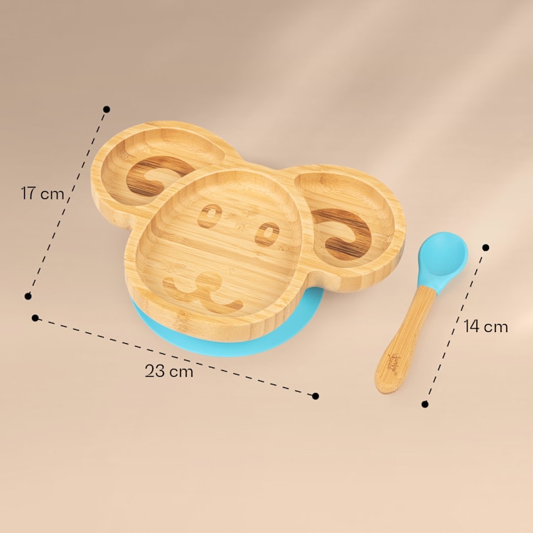 Vaisselle pour enfants assiette en bambou, cuillère 250 ml et ventouse 18 x 18 cm le mouton | Bleu