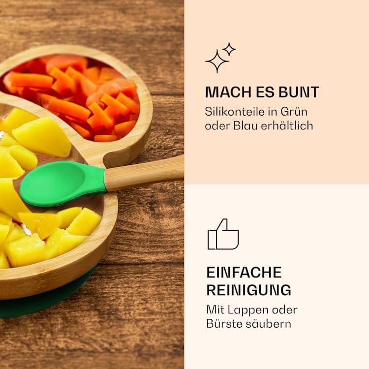 Kindergeschirr Bambusteller & Löffel 250 ml inkl. Saugnapf 18 x 18 cm Schaf | Grün