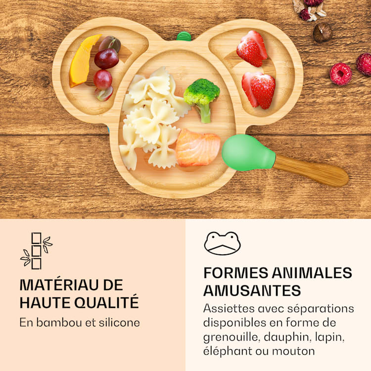 Vaisselle pour enfants assiette en bambou, cuillère 250 ml et ventouse 18 x 18 cm le mouton | Vert
