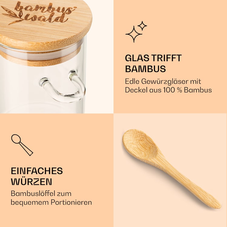 Gewürzgläser mit Bambuslöffel 6 Stück je 200 ml luftdicht