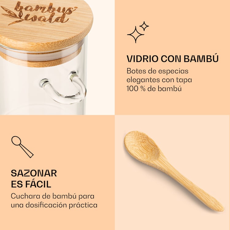 Tarros de especias con cuchara de bambú 6 piezas cada uno 200 ml herméticos