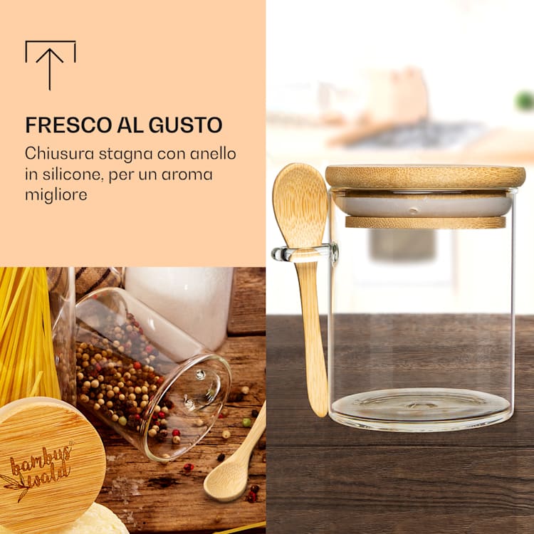 Vasetti ermetici per spezie con cucchiaio in bambù 6 pezzi cad. 200 ml