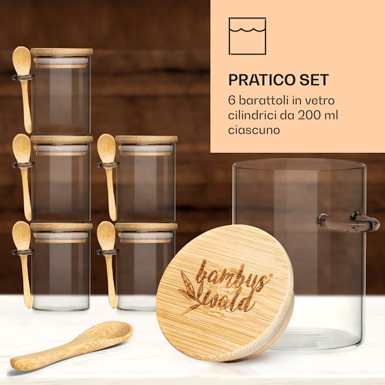 Vasetti ermetici per spezie con cucchiaio in bambù 6 pezzi cad. 200 ml