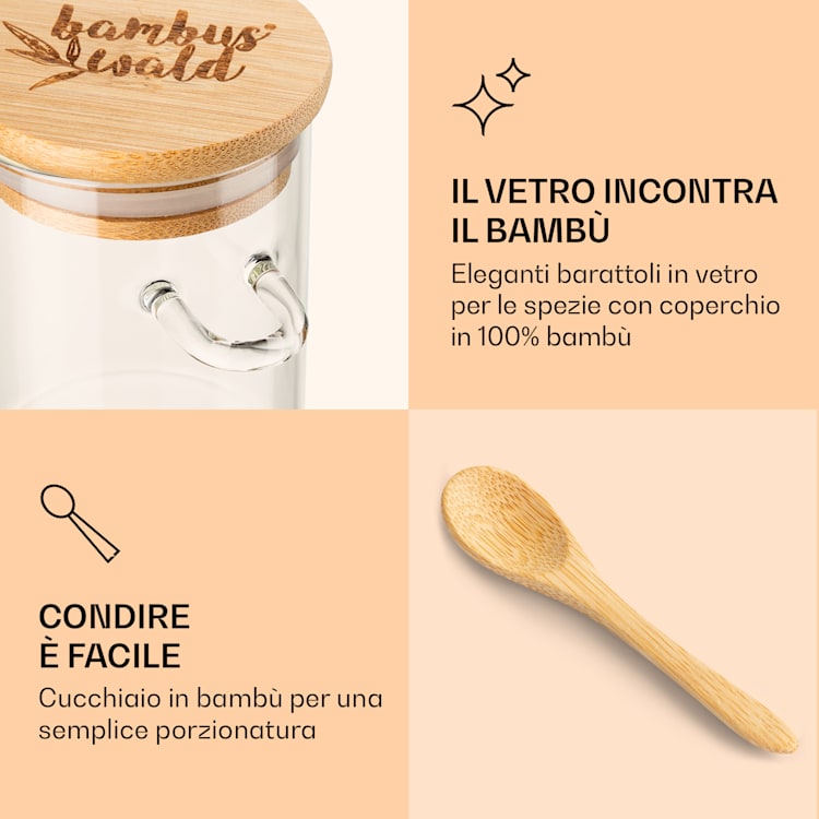 Vasetti ermetici per spezie con cucchiaio in bambù 6 pezzi cad. 200 ml
