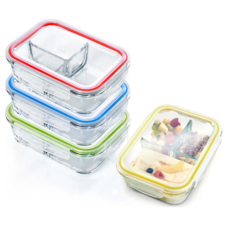 Zestaw pojemników na lunch z przegródkami, 4 x 1040 ml, 3 przegródki, klipsy