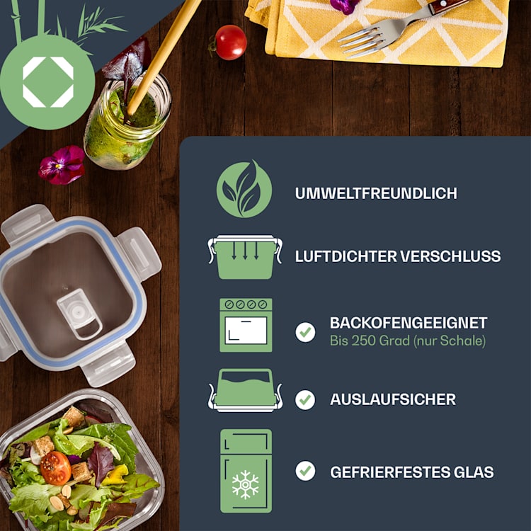 Quadratische Glasbox 800 ml, 620 ml, 320 ml mit Deckel luftdicht auslaufsicher