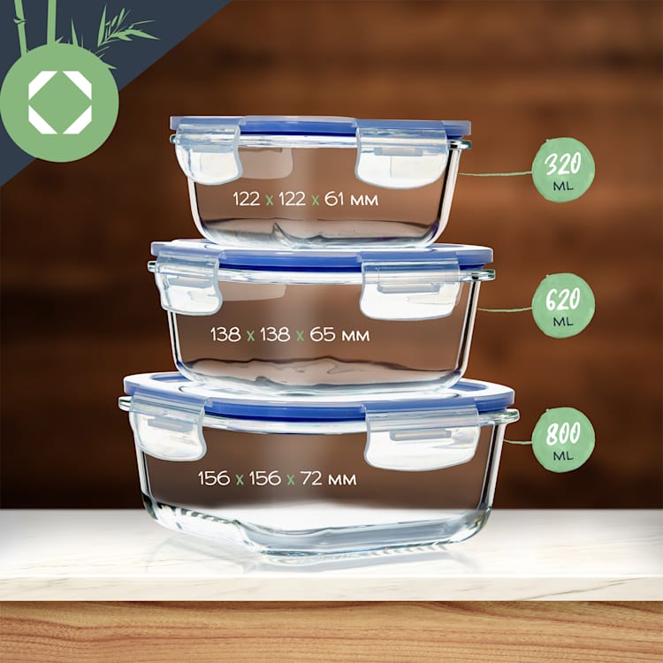 Fiambrera de vidrio cuadrada 800 ml, 620 ml, 320 ml Con Tapa Hermética A prueba de fugas