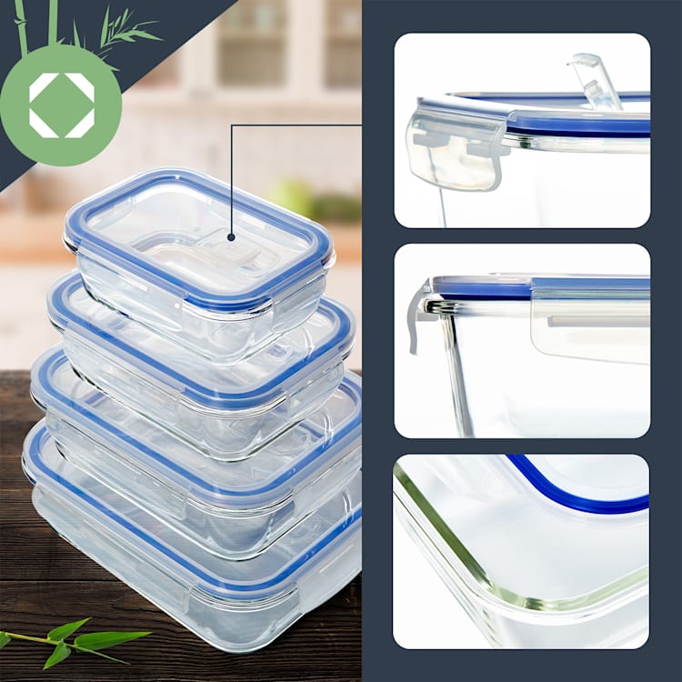 Fiambrera de vidrio rectangular 1520 ml, 1040 ml, 640 ml, 370 ml con tapa Juego de 4 unidades