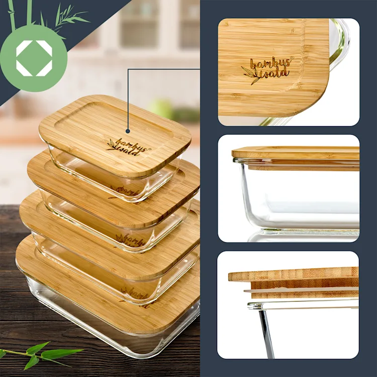 Square storage jar set glass bamboo lids 4 pieces different sizes