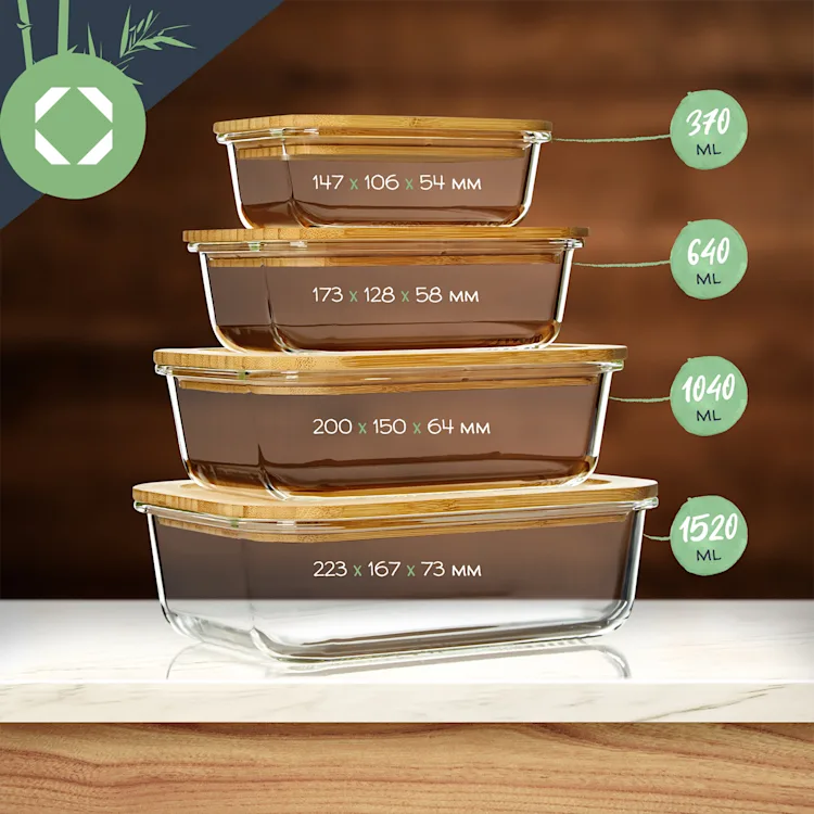 Square storage jar set glass bamboo lids 4 pieces different sizes