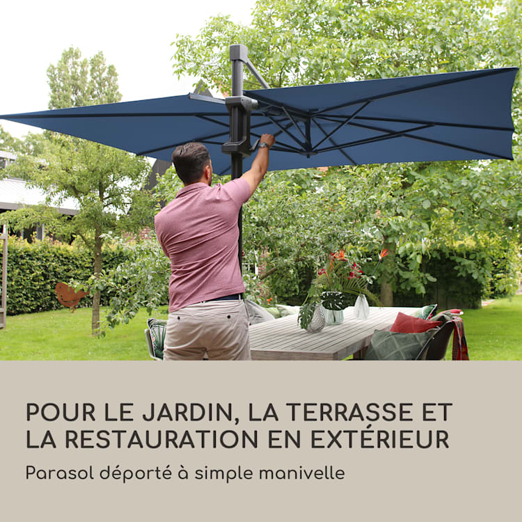 Saint-Tropez Parasol déporté 3 axes rotation 360° 3 x 3,55 m protection UV 50+ Bleu