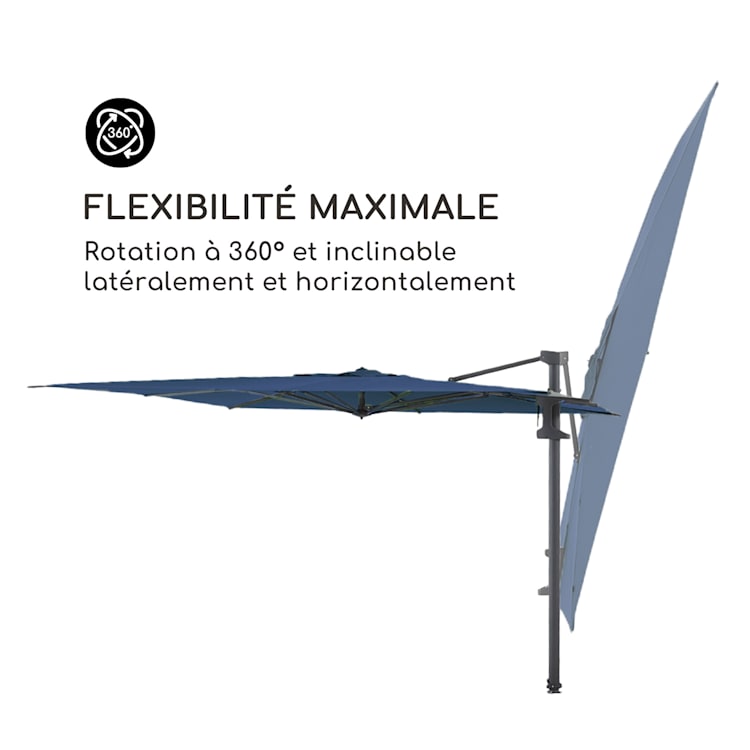 Saint-Tropez Parasol déporté 3 axes rotation 360° 3 x 3,55 m protection UV 50+ Bleu