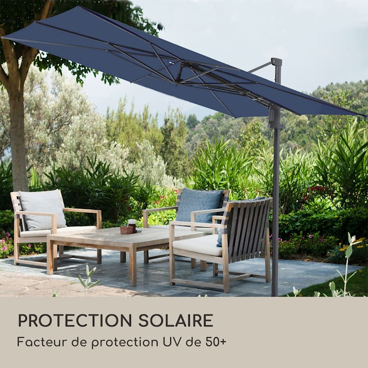 Saint-Tropez Parasol déporté 3 axes rotation 360° 3 x 3,55 m protection UV 50+ Bleu