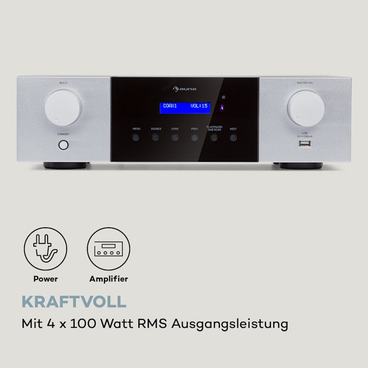 AMP-4000 DAB Hifi-Stereo-Verstärker DAB+-Radio USB Fernbedienung LED-Display Silber