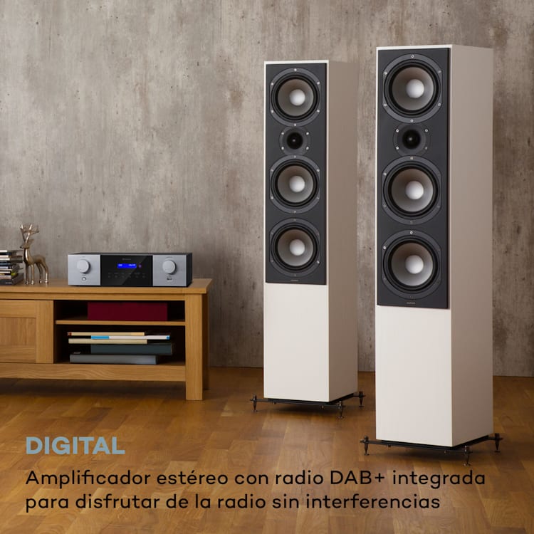 AMP-4000 DAB Amplificador estéreo de alta fidelidad radio DAB+ USB mando a distancia pantalla LED Plata