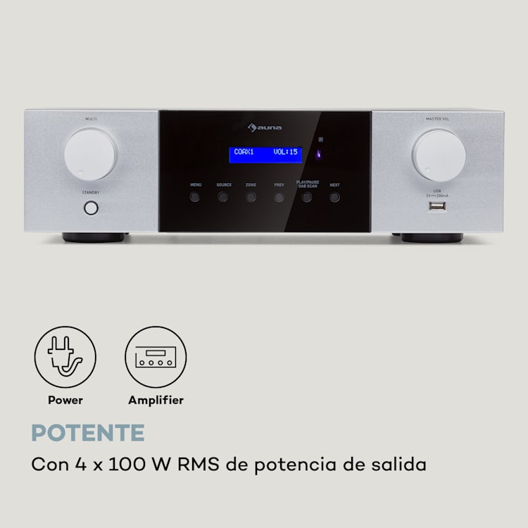 AMP-4000 DAB Amplificador estéreo de alta fidelidad radio DAB+ USB mando a distancia pantalla LED Plata