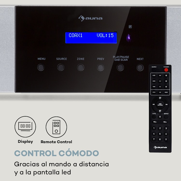AMP-4000 DAB Amplificador estéreo de alta fidelidad radio DAB+ USB mando a distancia pantalla LED Plata
