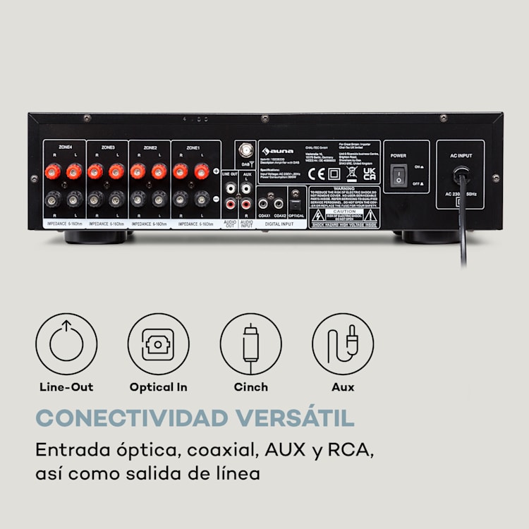 AMP-4000 DAB Amplificador estéreo de alta fidelidad radio DAB+ USB mando a distancia pantalla LED Plata