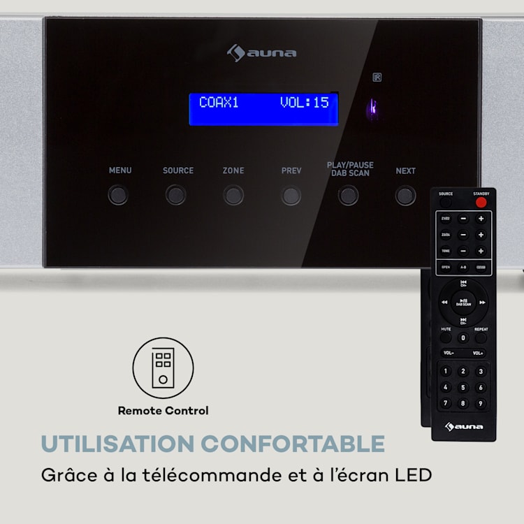 AMP-4000 DAB Amplificateur stéréo Hi-Fi Radio DAB+ Télécommande USB Écran LED Argent