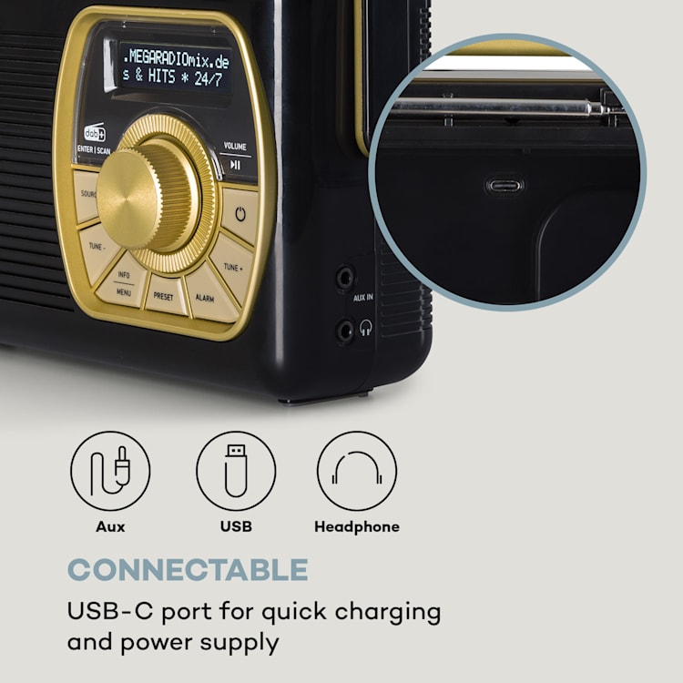 Buddy Digitálne rádio DAB/DAB+/UKW Bluetooth 5.0 AUX 1Ah batéria Mobilné retro Čierna