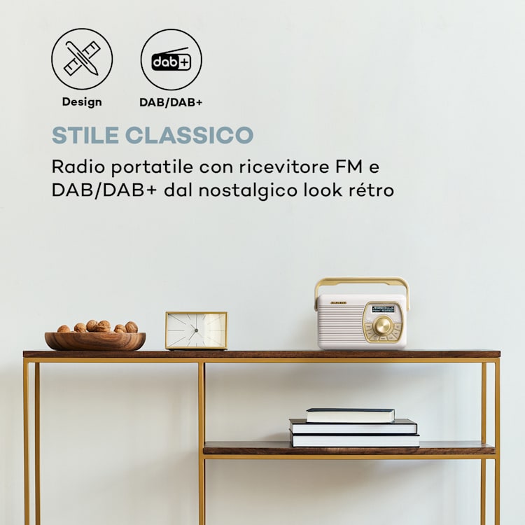 Buddy Radio digitale, DAB/DAB+/FM, Bluetooth 5.0, AUX, pila 1Ah, portatile, retrò Crema