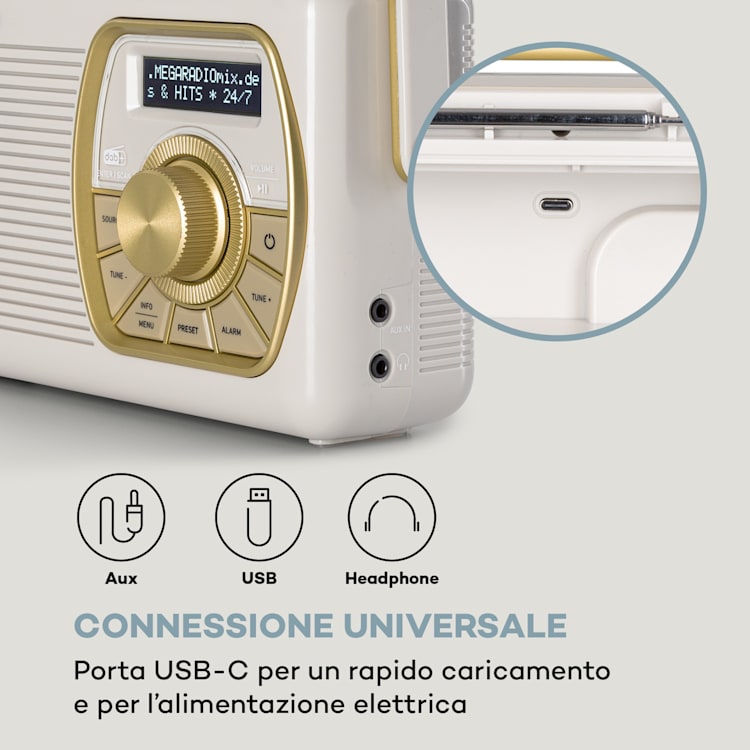 Buddy Radio digitale, DAB/DAB+/FM, Bluetooth 5.0, AUX, pila 1Ah, portatile, retrò Crema