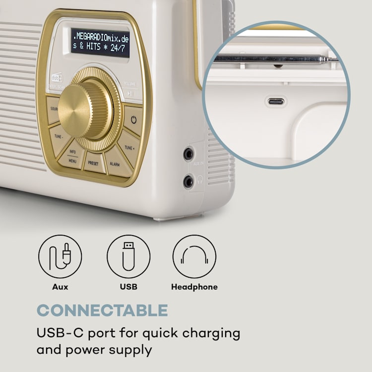 Buddy Digitalradio DAB/DAB+/FM Bluetooth 5.0 AUX 1Ah-batteri portabel retro Creme