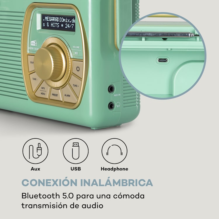 Buddy Radio digital DAB/DAB+/FM luetooth 5.0 AUX Batería de 1Ah Móvil Retro Verde