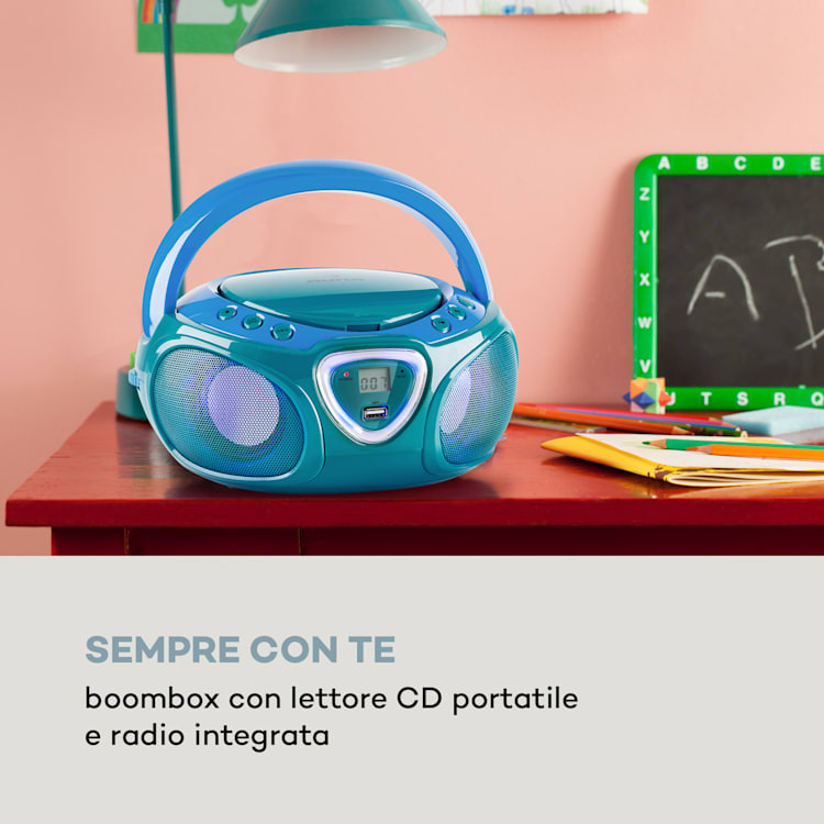 Roadie CD Boombox, radio FM, giochi di luci, lettore CD, Bluetooth 5.0 Turchese