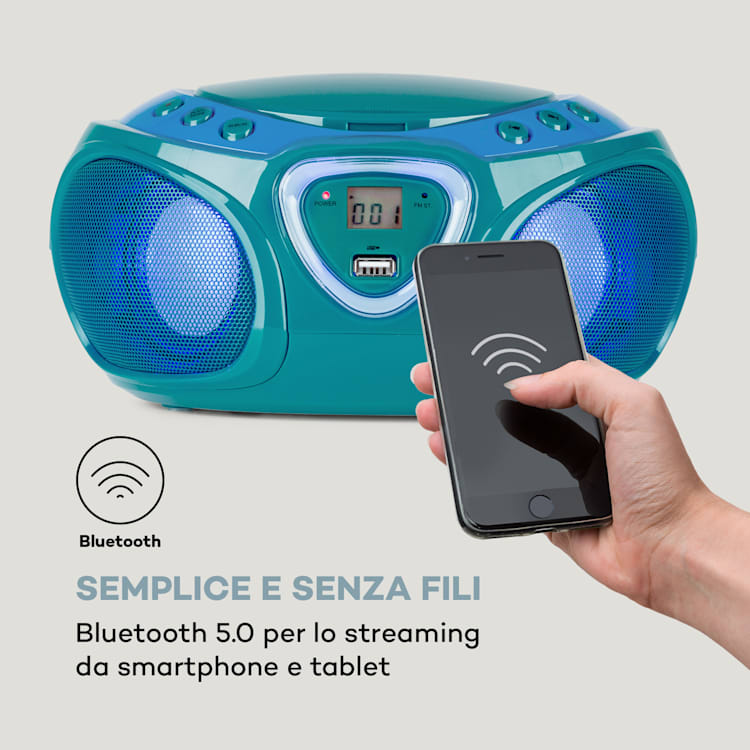 Roadie CD Boombox, radio FM, giochi di luci, lettore CD, Bluetooth 5.0 Turchese
