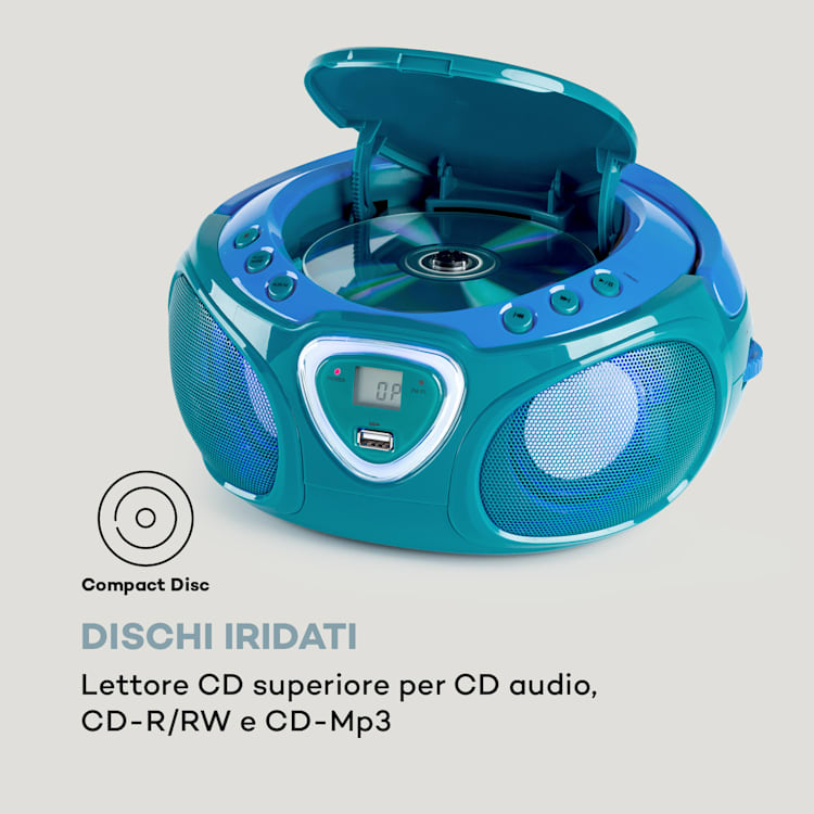 Roadie CD Boombox, radio FM, giochi di luci, lettore CD, Bluetooth 5.0 Turchese