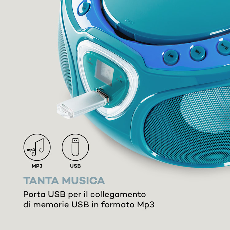 Roadie CD Boombox, radio FM, giochi di luci, lettore CD, Bluetooth 5.0 Turchese