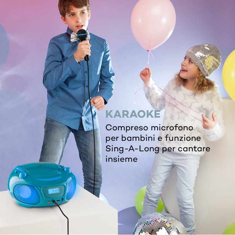 Roadie Sing CD Boombox, radio FM, spettacolo di luci, lettore CD, microfono Turchese