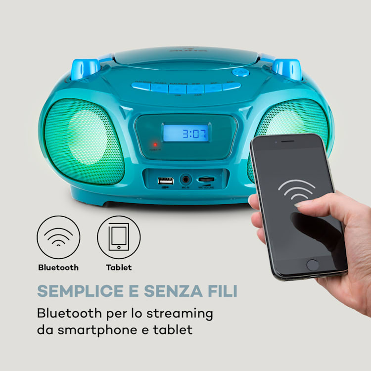 Roadie Sing CD Boombox, radio FM, spettacolo di luci, lettore CD, microfono Turchese