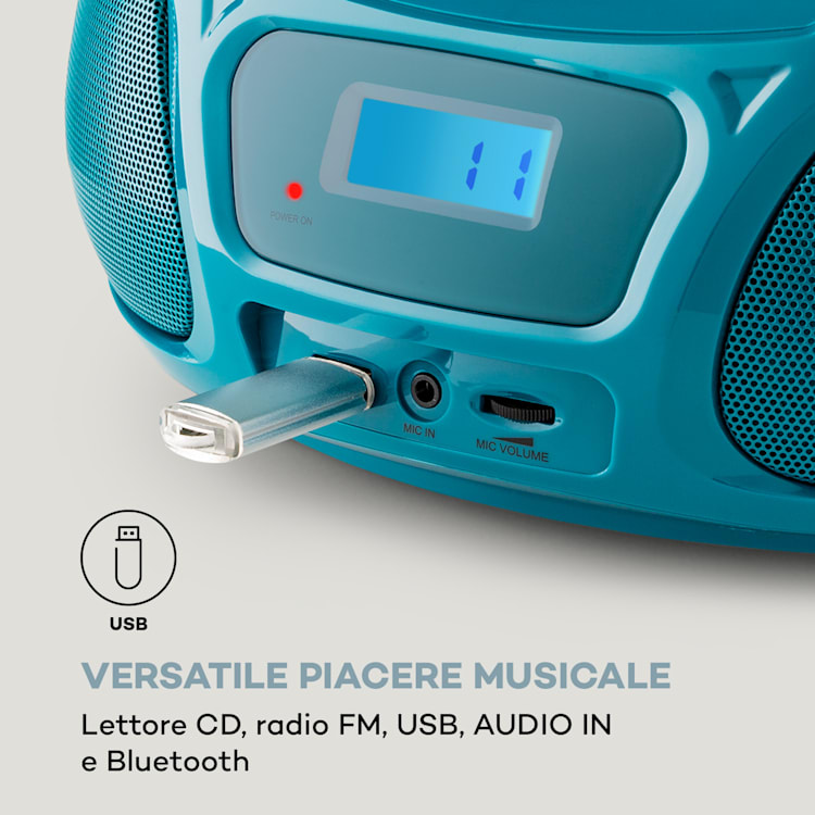 Roadie Sing CD Boombox, radio FM, spettacolo di luci, lettore CD, microfono Turchese