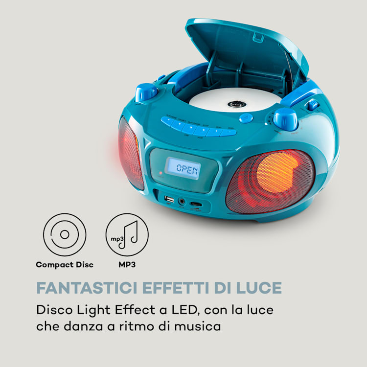 Roadie Sing CD Boombox, radio FM, spettacolo di luci, lettore CD, microfono Turchese