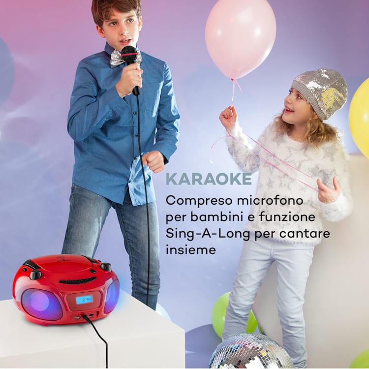 Roadie Sing CD Boombox, radio FM, spettacolo di luci, lettore CD, microfono Rosso