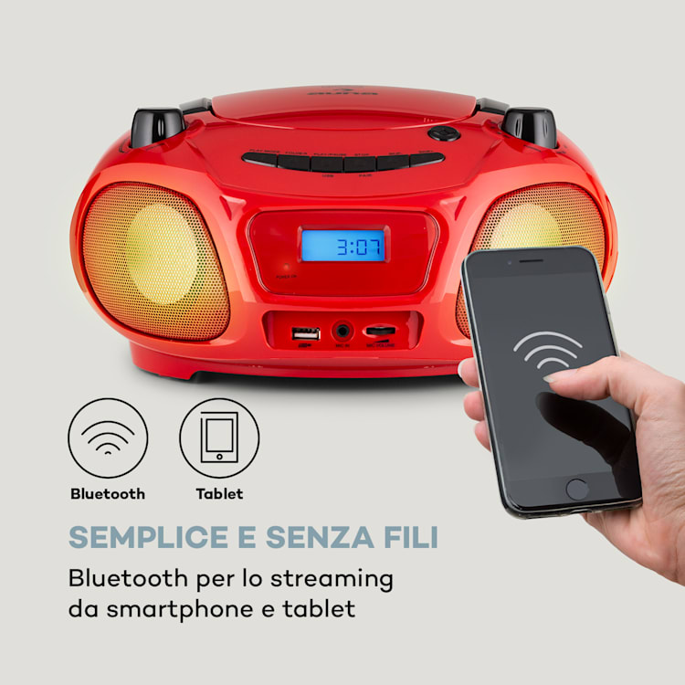 Roadie Sing CD Boombox, radio FM, spettacolo di luci, lettore CD, microfono Rosso
