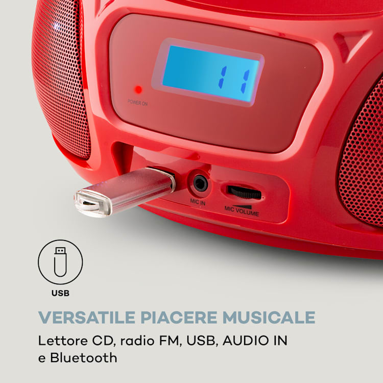 Roadie Sing CD Boombox, radio FM, spettacolo di luci, lettore CD, microfono Rosso
