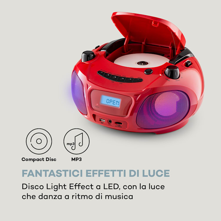 Roadie Sing CD Boombox, radio FM, spettacolo di luci, lettore CD, microfono Rosso