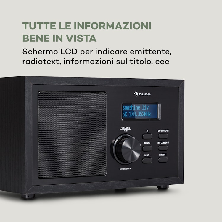 Ambient - Radio DAB+/FM, BT 5.0, AUX-In, display LC, sveglia, timer da cucina Legno nero