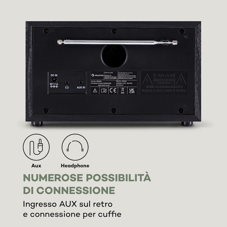 Ambient - Radio DAB+/FM, BT 5.0, AUX-In, display LC, sveglia, timer da cucina Legno nero