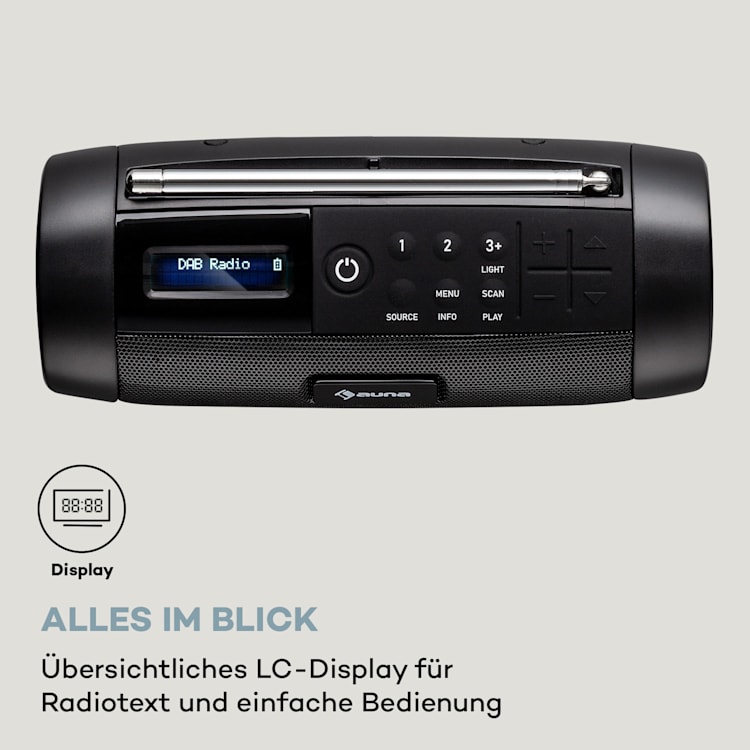 Blaster DAB Radio tragbarer Bluetooth-Lautsprecher DAB/DAB+/FM Akku LCD Schwarz